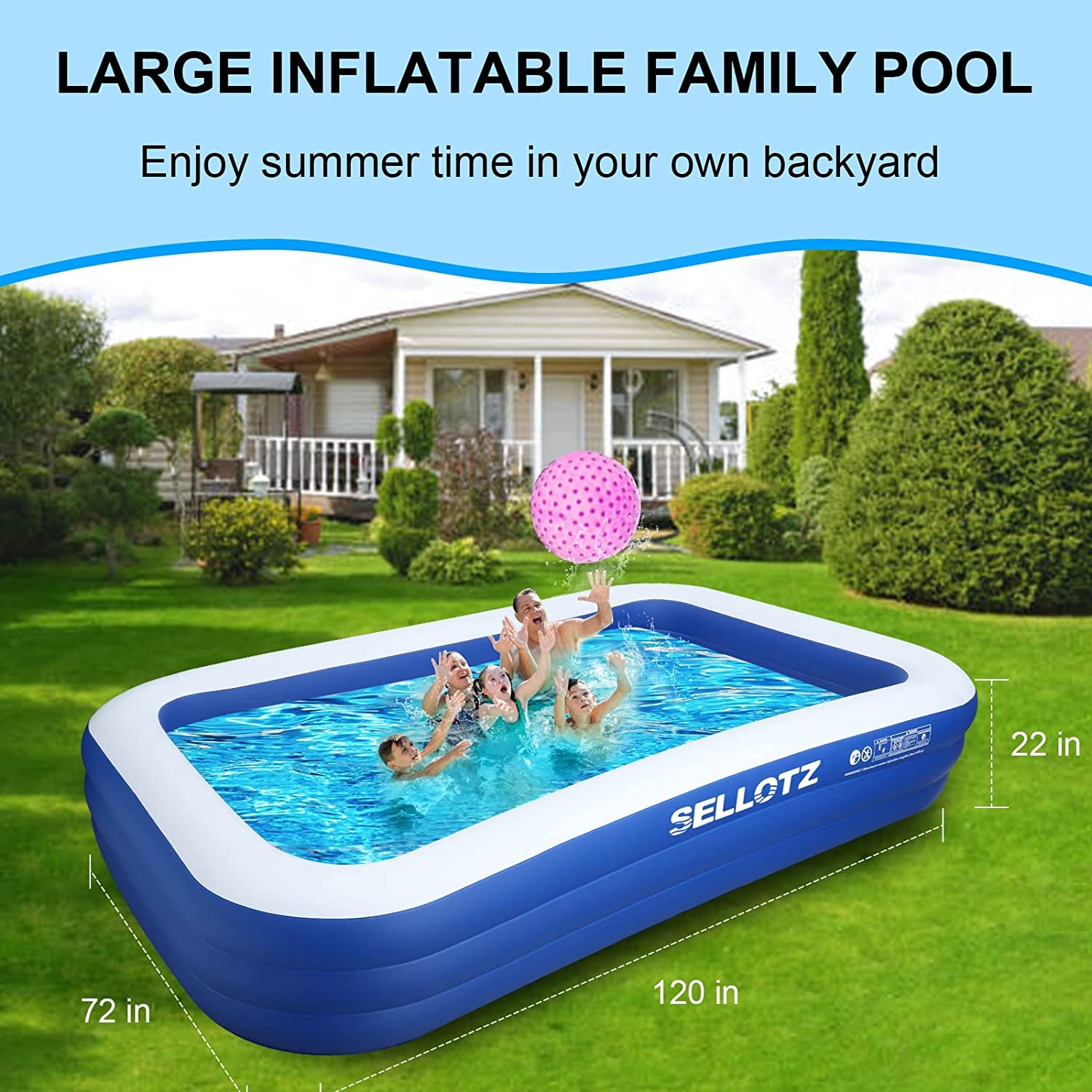 Inflatable Pool for Kids and Adults, 120" X 72" X 22" Oversized Thickened Family Swimming Pool for Toddlers, Outdoor, Garden, Backyard, Summer Water Party