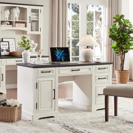 Farmhouse 58" Executive Desk, Computer Desk with Drawers and Storage Cabinet, Workstation for Office Home, off White