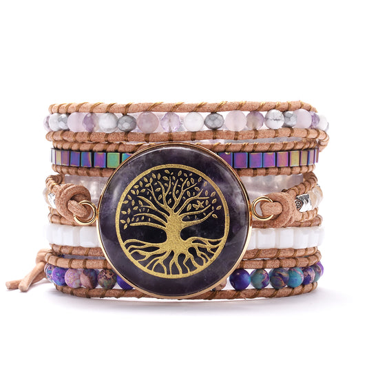 Tree Of Life Five-layer Braided Beaded Leather Cord Bracelet