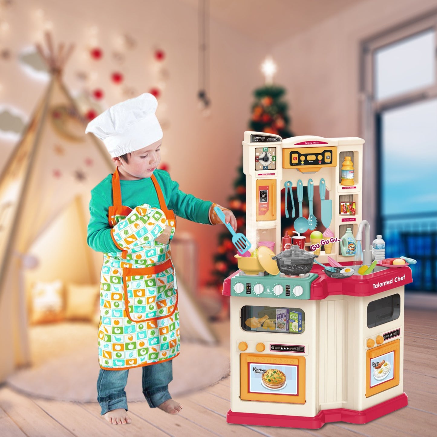 Role Play Kids Kitchen Playset With Real Cooking Spray And Water Boiling Sounds