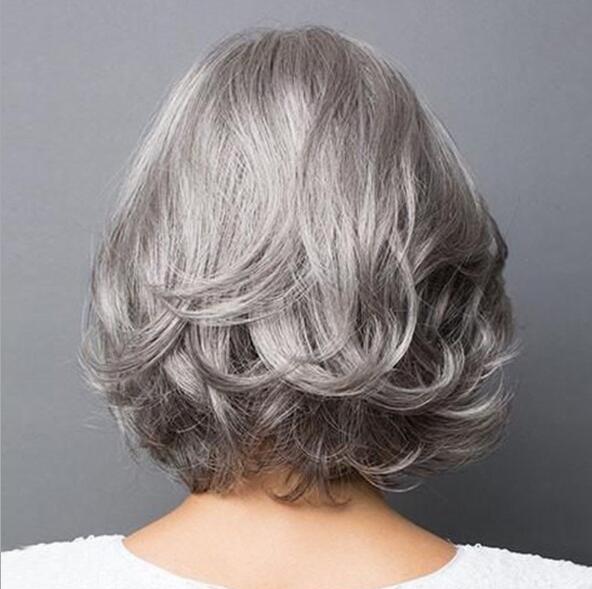 Silver gray short curly hair fluffy realistic bobo head short hair