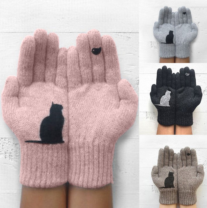 Cat and Bird Print Knitted Gloves