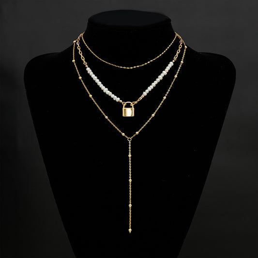 Snake Bone Golden Geometric Bead Pearl Necklace