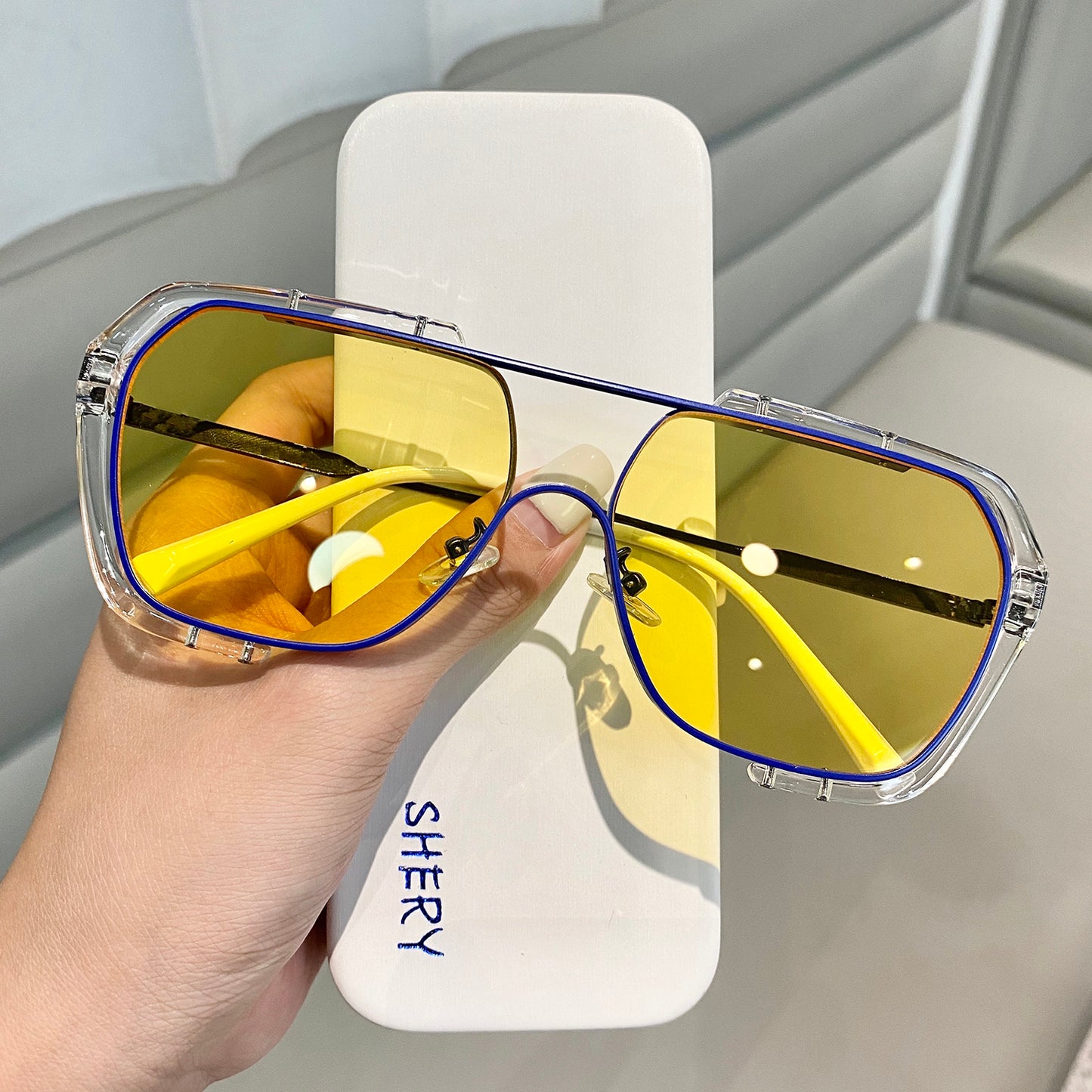 One-Piece Big Frame Square Sunglasses Female Yellow Sunglasses For Men Driving Uv Protection