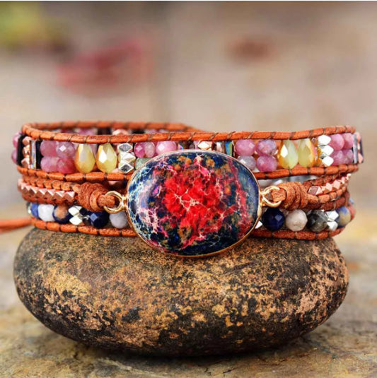 Cross-Border Leather Bag Bracelet Natural Pink Imperial Stone Jasper Beaded Multi-Layer Art Bracelet Holiday Gift