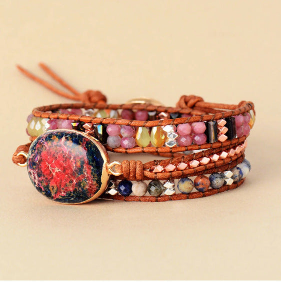 Cross-Border Leather Bag Bracelet Natural Pink Imperial Stone Jasper Beaded Multi-Layer Art Bracelet Holiday Gift