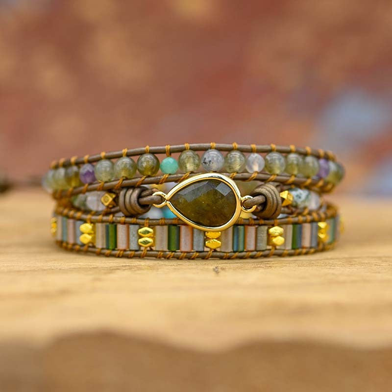 Hand-woven Leather Bracelet With Drop-shaped Glitter Stone