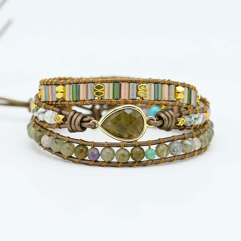 Hand-woven Leather Bracelet With Drop-shaped Glitter Stone