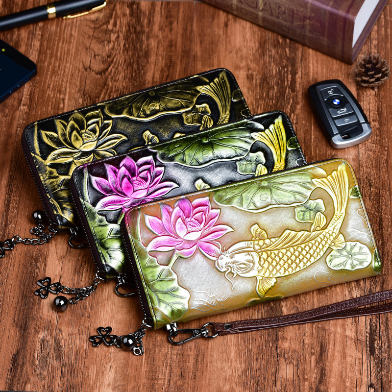 2020 New Cowhide Wallet Women's Leather Vintage Embossed Purses Fish