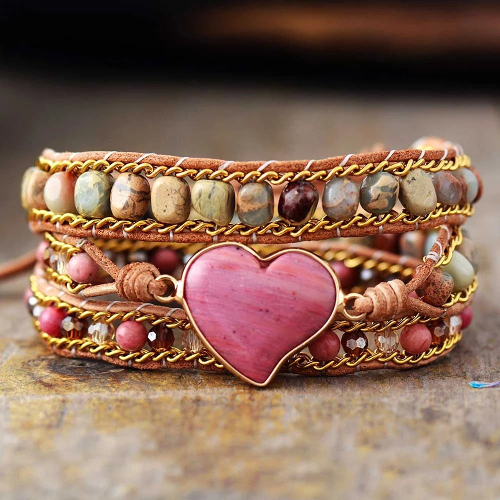 Love Heart Red Wood Grain Bracelet Natural Stone Hand Woven Multilayer Bracelet