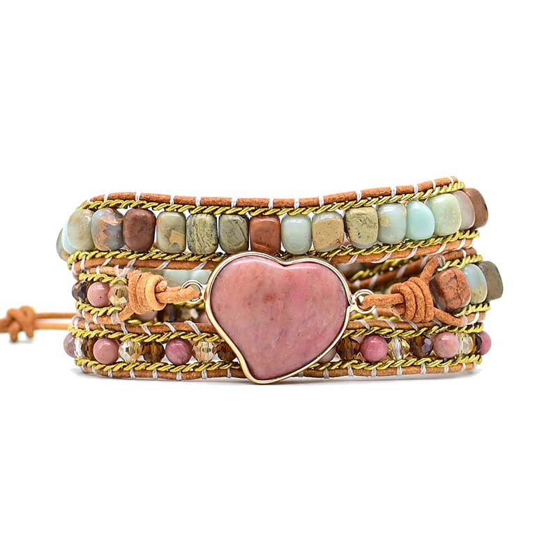 Love Heart Red Wood Grain Bracelet Natural Stone Hand Woven Multilayer Bracelet