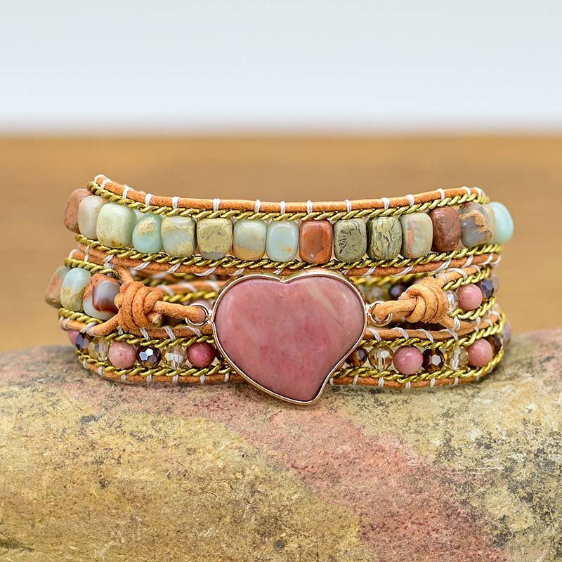 Love Heart Red Wood Grain Bracelet Natural Stone Hand Woven Multilayer Bracelet