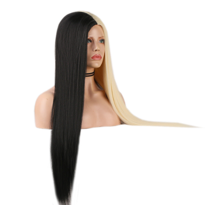 Black And White Two-tone Long Straight Hair High Temperature Silk Machine Wig