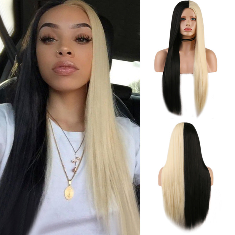 Black And White Two-tone Long Straight Hair High Temperature Silk Machine Wig