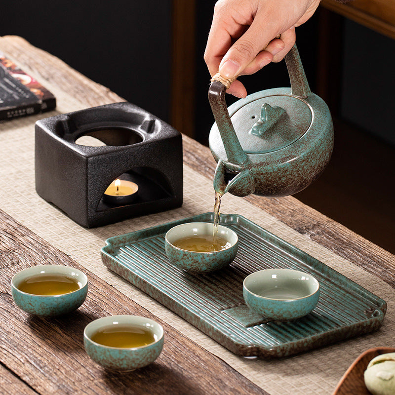 Stoneware Japanese Kung Fu Tea Set, One Pot, Four Cups With Dry Tea Tray, Tea Maker, Warm Tea Gift Box Set