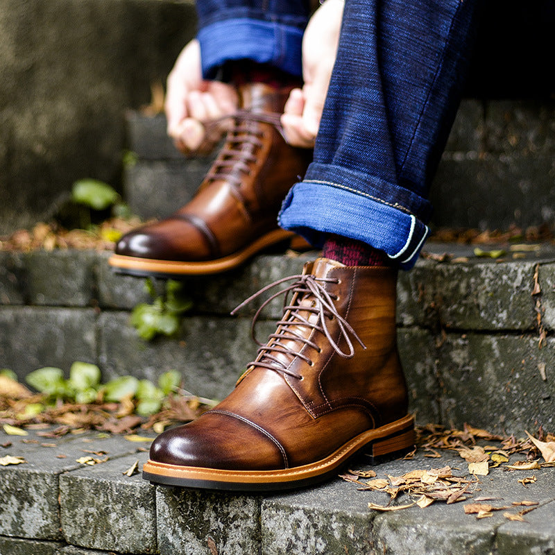 High-top lace-up men's casual leather boots