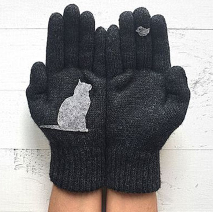 Cat and Bird Print Knitted Gloves