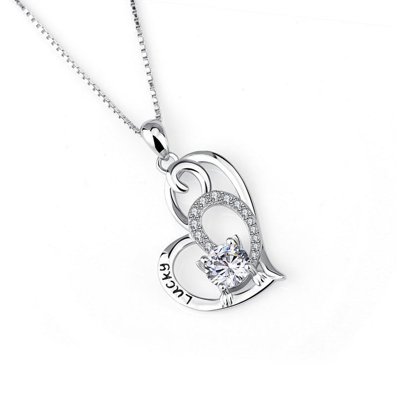 Cat heart-shaped luck necklace female s925 sterling silver fashion delicate clavicle chain micro-inlaid zircon necklace