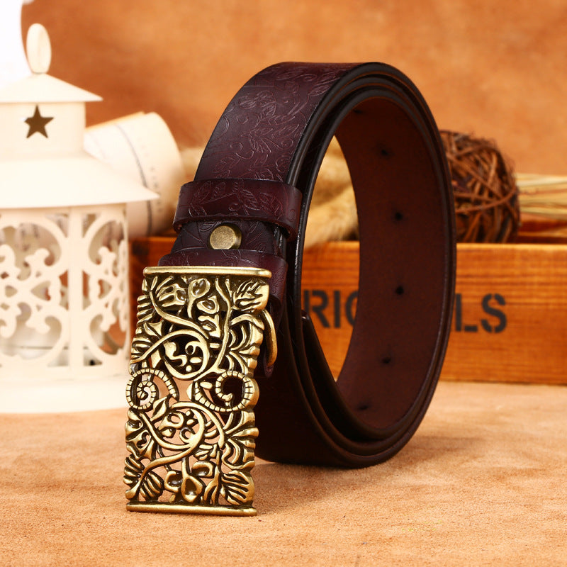 Ladies Leather Engraved With Hollow Buckle Printed Cowhide Belt