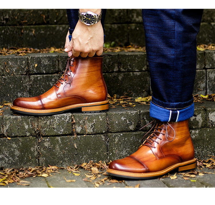 High-top lace-up men's casual leather boots