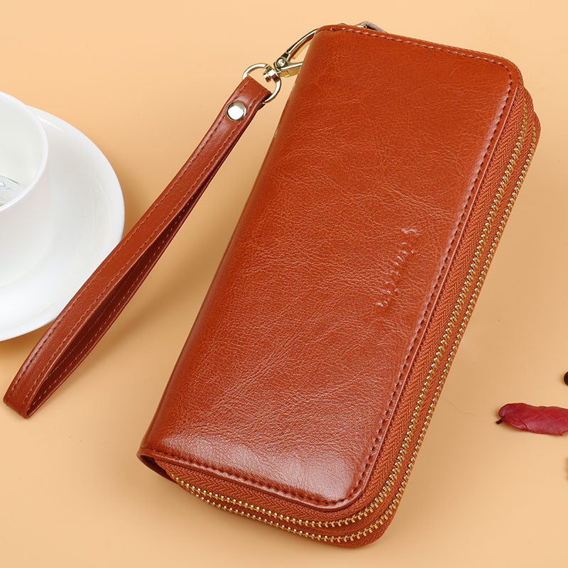 Oil Wax Leather Wallet Women Long Double-layer Zipper Large-capacity Hand Wallet Coin Purse