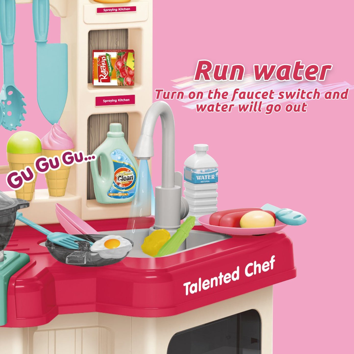 Role Play Kids Kitchen Playset With Real Cooking Spray And Water Boiling Sounds