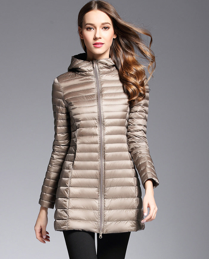 Women's mid-length lightweight down jacket