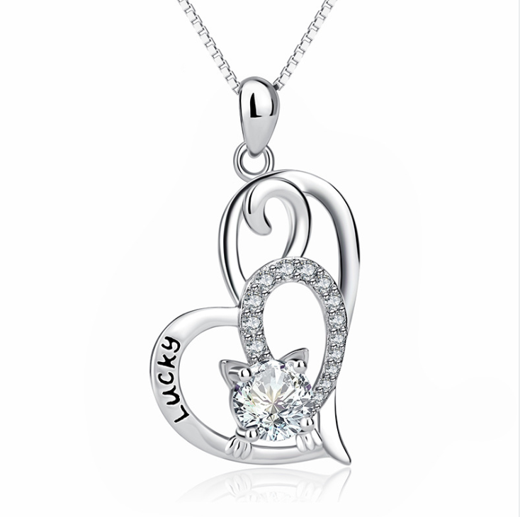 Cat heart-shaped luck necklace female s925 sterling silver fashion delicate clavicle chain micro-inlaid zircon necklace