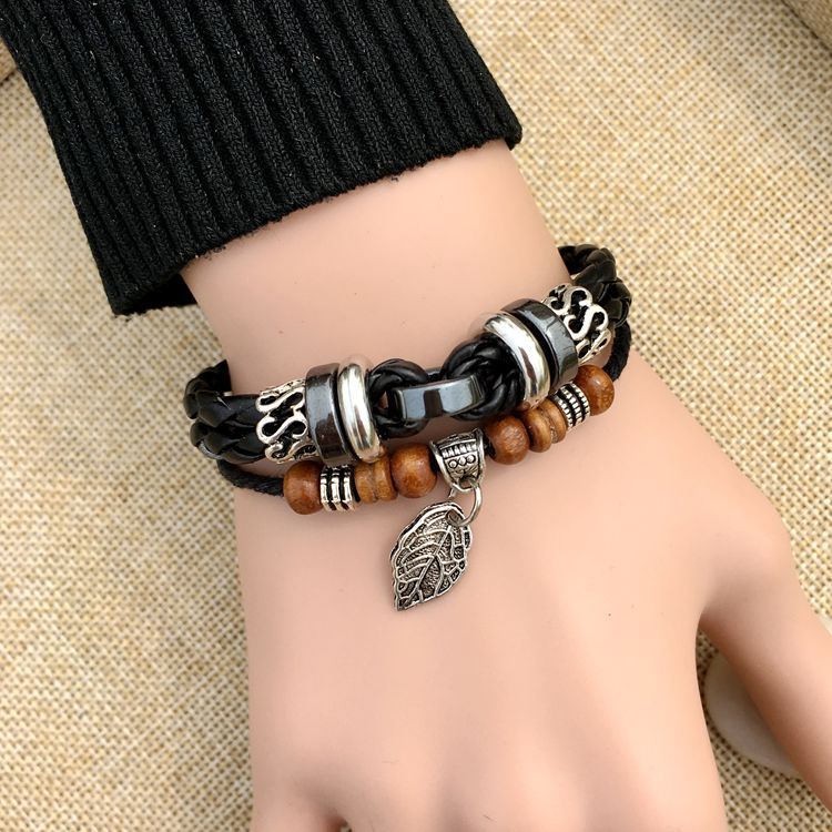 Cross stud braided leather bracelet