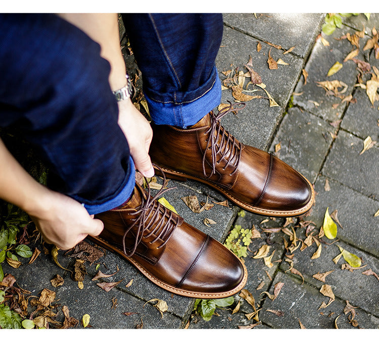 High-top lace-up men's casual leather boots