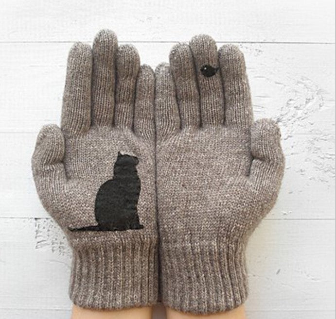 Cat and Bird Print Knitted Gloves