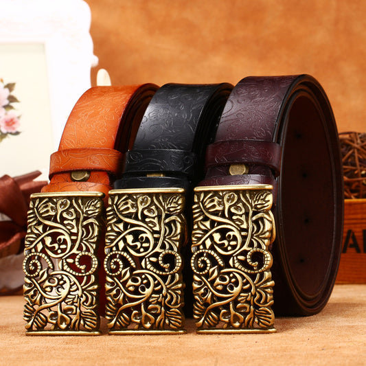 Ladies Leather Engraved With Hollow Buckle Printed Cowhide Belt