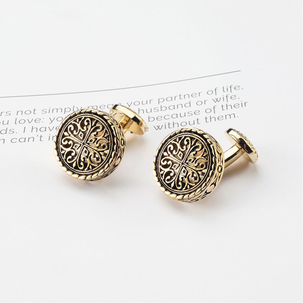 French Black Glue Drop Round Electroplated Gold Cufflinks