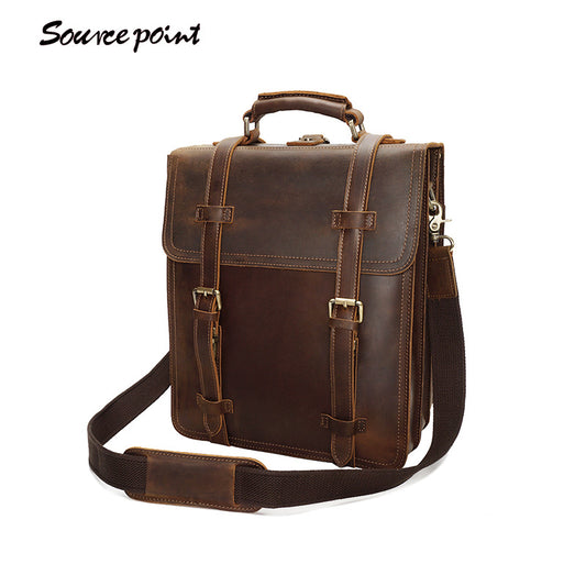 The source and retro Crazy Horse Backpack male leather backpack computer bag