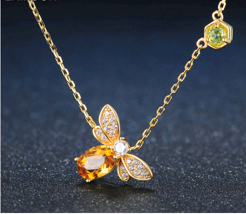 Natural citrine peridot micro-inlaid bee necklace