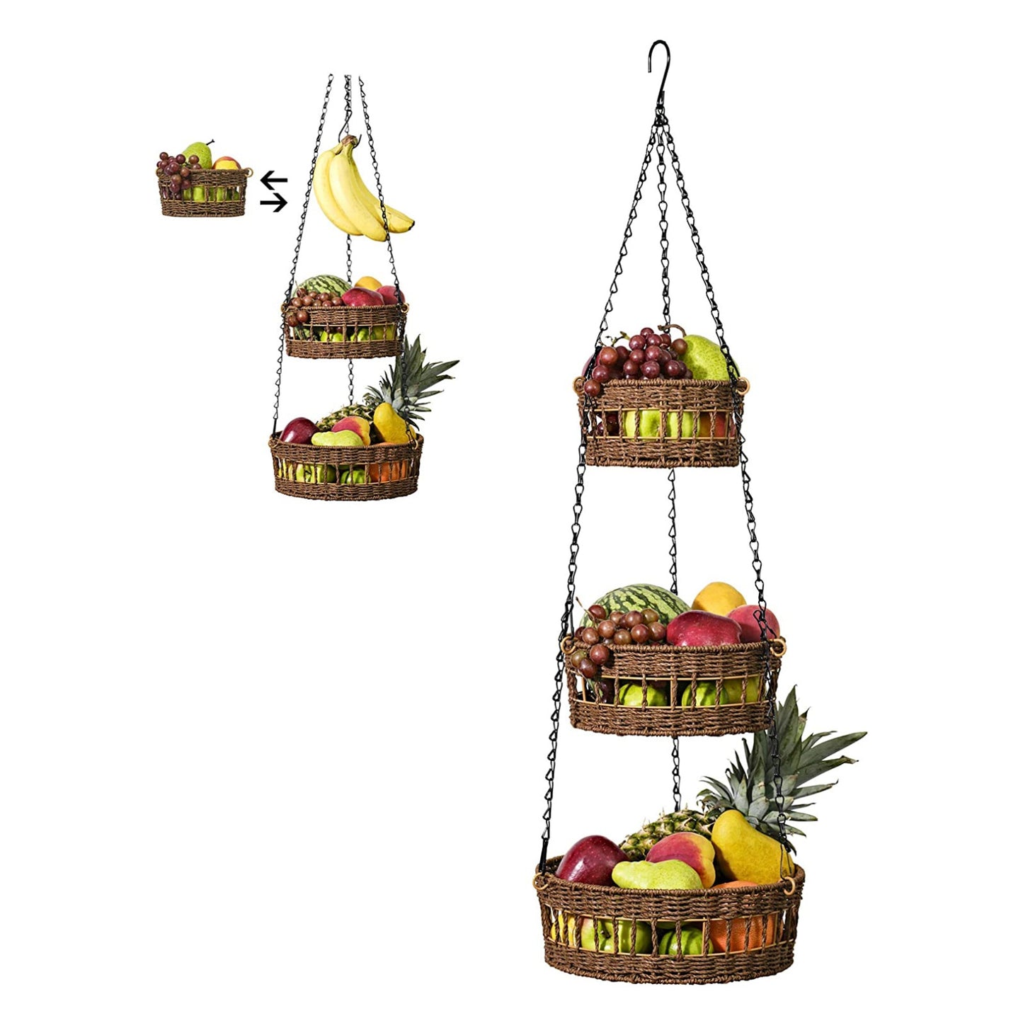 3 Tier Hanging Fruit Basket Wicker Vegetable Storage And Fruit Organizer With Banana Holder