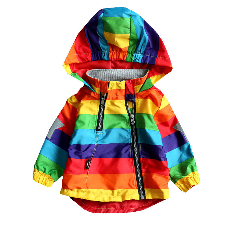 Rainbow Color Striped Hooded Zipper Coats For Kids