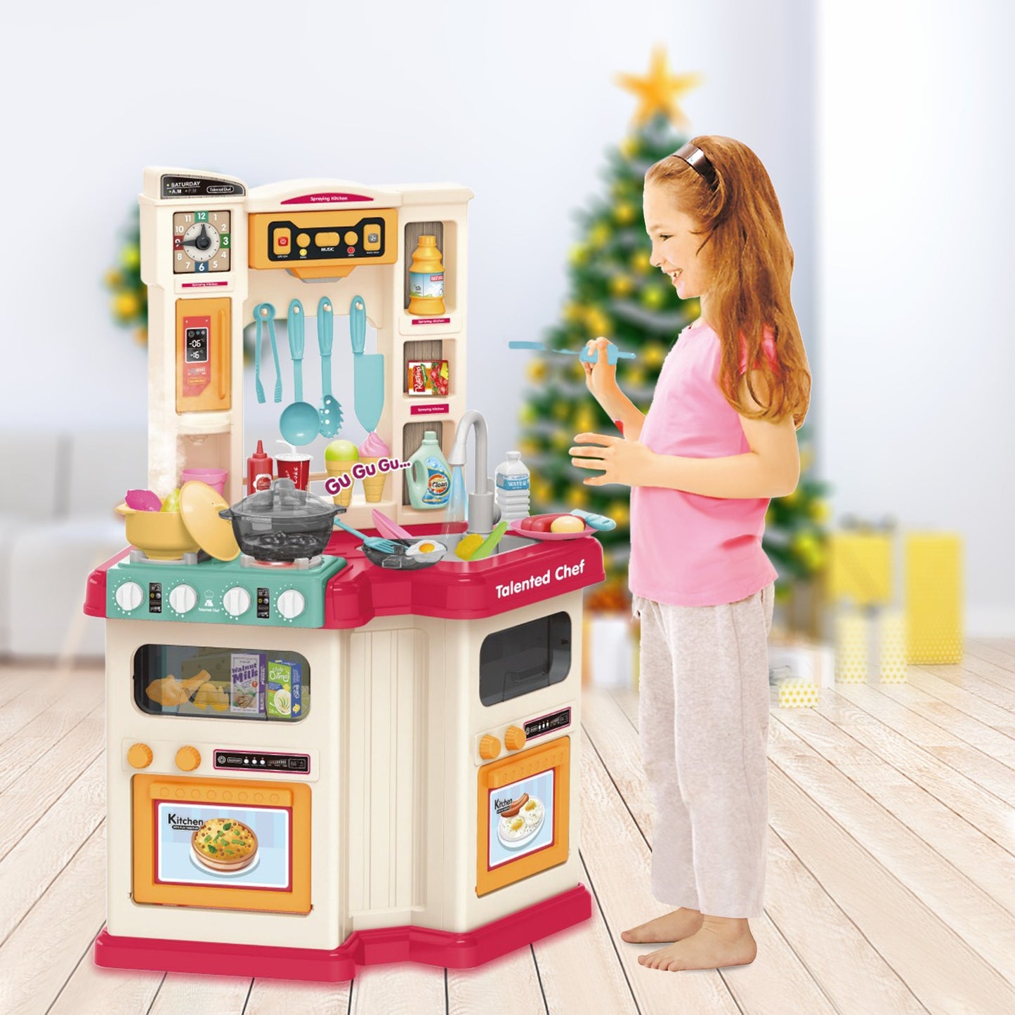 Role Play Kids Kitchen Playset With Real Cooking Spray And Water Boiling Sounds