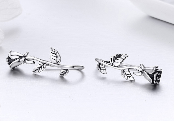 Authentic 100 925 Sterling Silver Rose Flower Plant Stud Earrings For Women Sterling Silver Jewelry Mom Gift SCE380