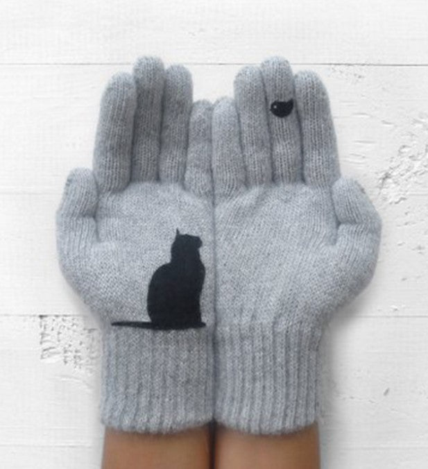 Cat and Bird Print Knitted Gloves