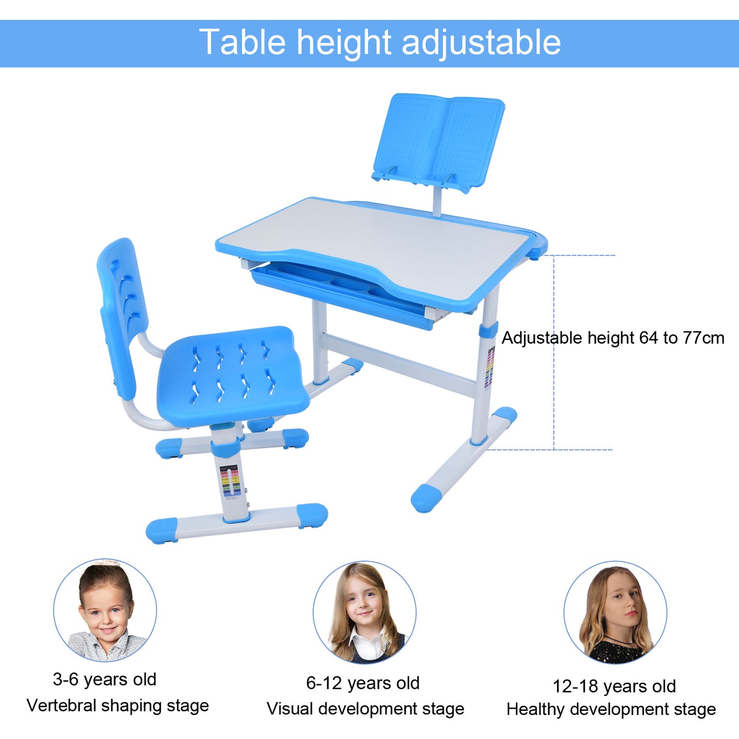 Height Adjustable Study Desk And Chair Set Pull Out Drawer With Tilted Desktop