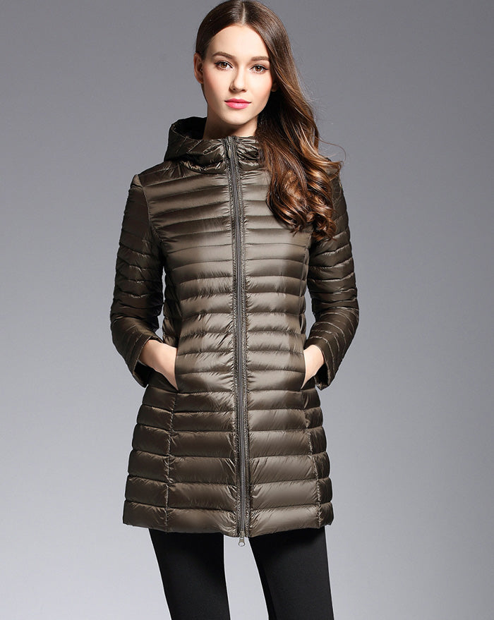 Women's mid-length lightweight down jacket