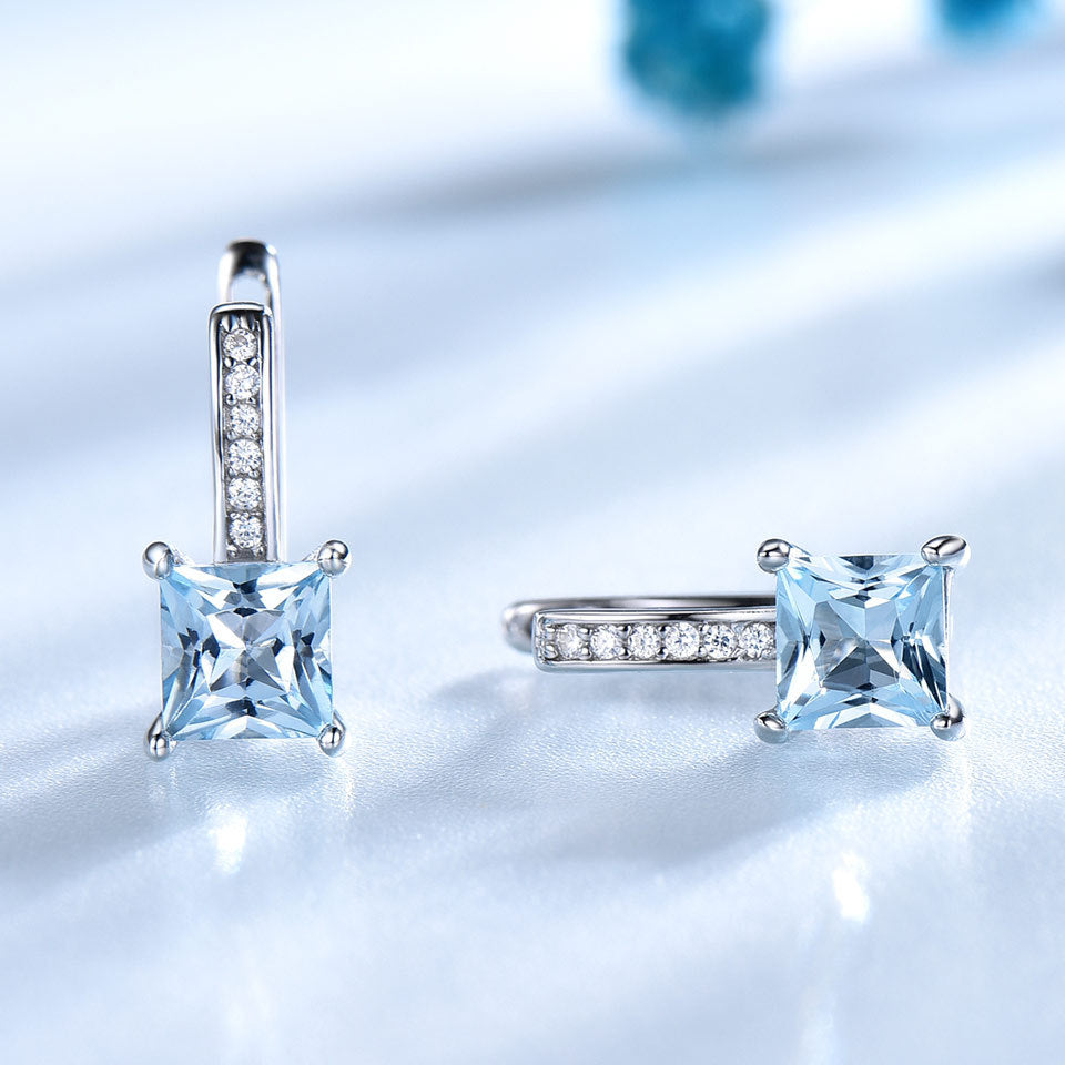 Silver Earrings Simple Square Sky Blue Topaz Earrings