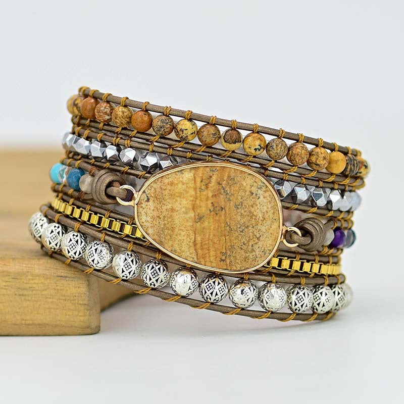 5-layer Egg-shaped Natural Picture Stone Cowhide Bracelet