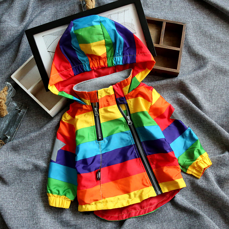 Rainbow Color Striped Hooded Zipper Coats For Kids