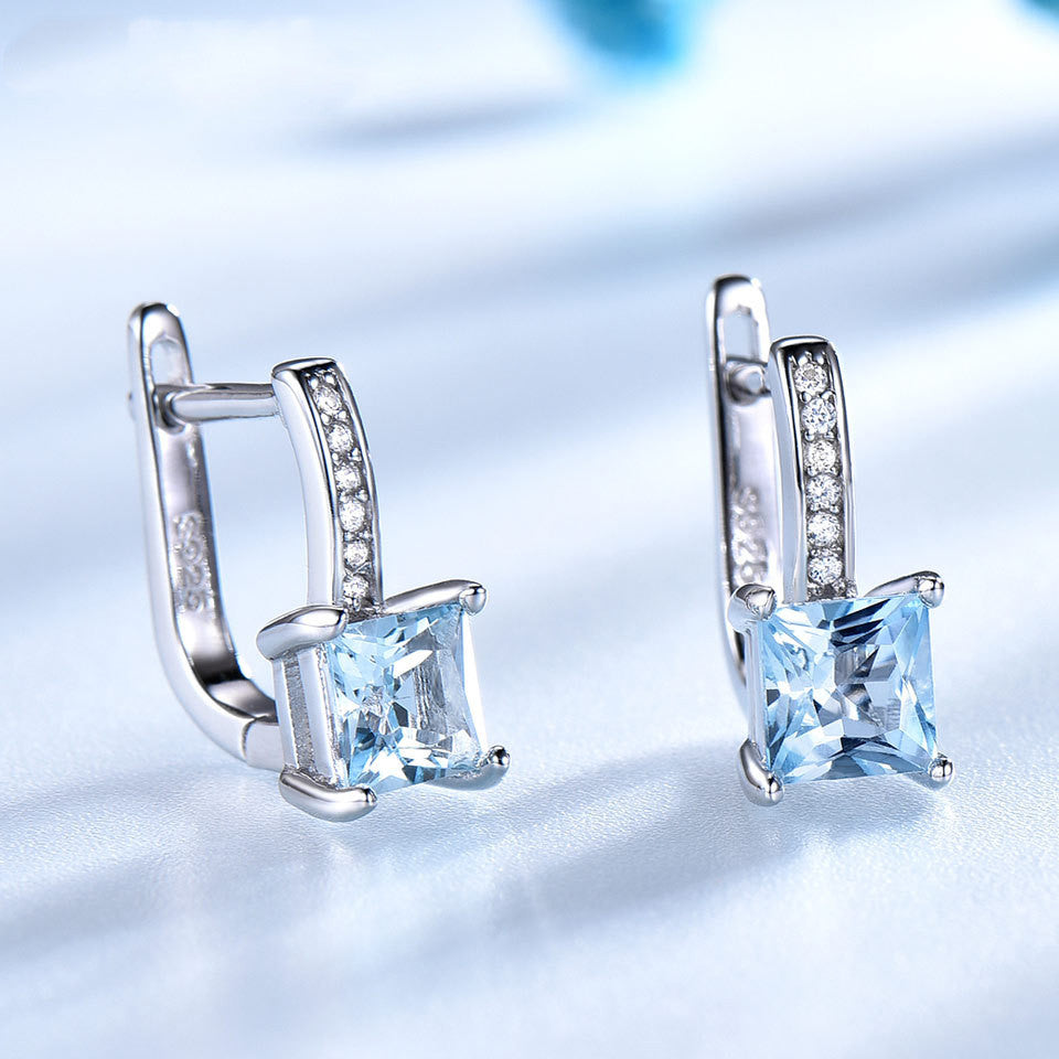 Silver Earrings Simple Square Sky Blue Topaz Earrings