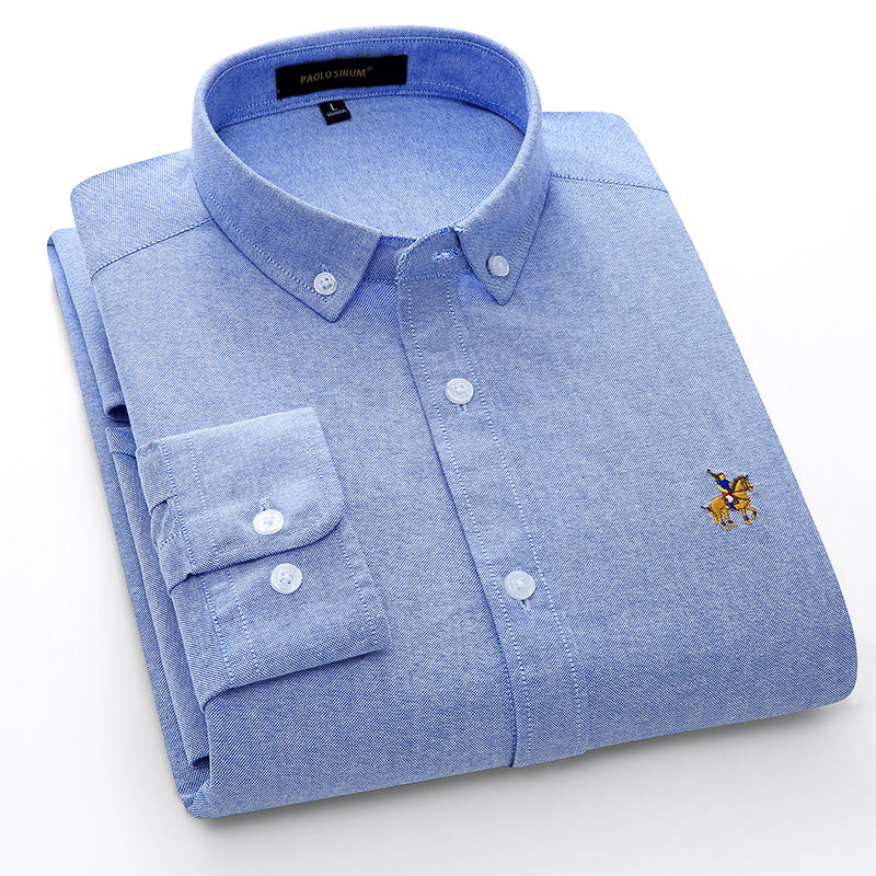 European Size Cotton Oxford Men's Long-sleeved Embroidery Shirt