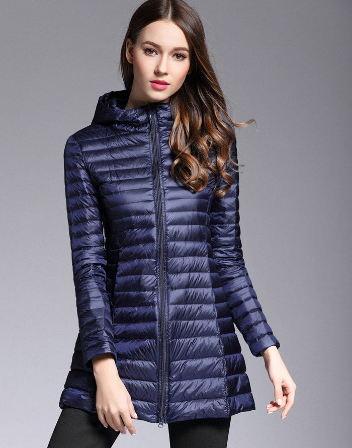 Women's mid-length lightweight down jacket