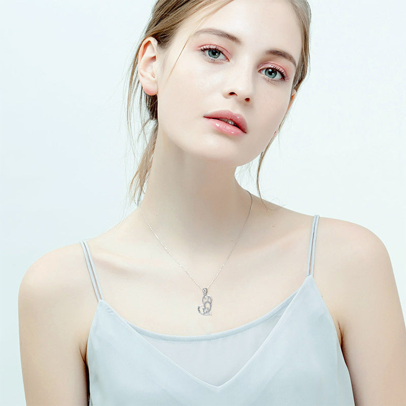 Cat heart-shaped luck necklace female s925 sterling silver fashion delicate clavicle chain micro-inlaid zircon necklace