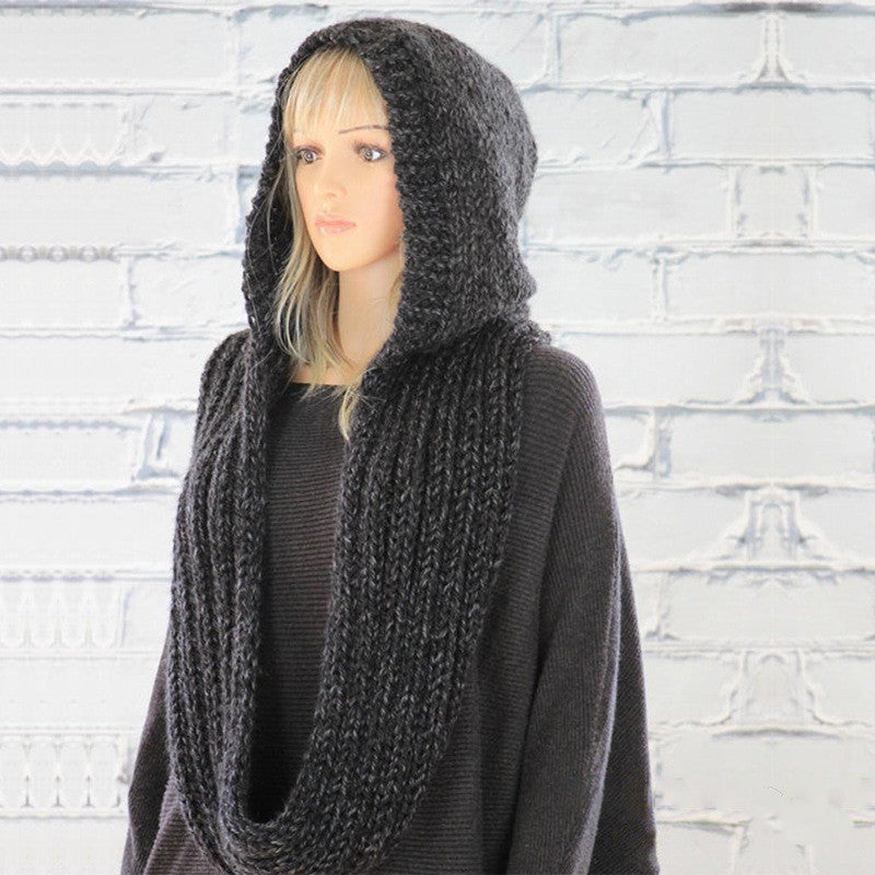 European And American Amazon Fashion Hooded Bib Women Pure Color Woolen Knitted Scarf